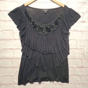 AGB Black Ruffle Frayed Appliqué Gothic‎ Romantic Fairy Grunge Top Womens Large